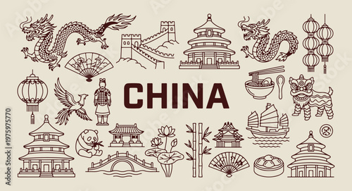 china history and culture sketches, hand drawn great wall landmarks, aesthetic chinese travel doodles, creative china tourism line art, minimal asian heritage icons, scrapbook china travel elements, c