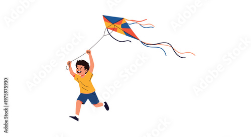 Young boy in yellow shirt and blue shorts running while flying colorful kite with long tails in white background.