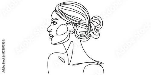 Minimalist continuous line art drawing of a young woman with a classic elegant low hair bun style