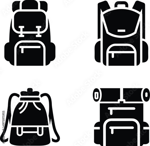Camping backpack hiking gear silhouette vector icon collection featuring travel backpacks trekking packs outdoor bags and camping equipment arranged in grid layout isolated on white background
