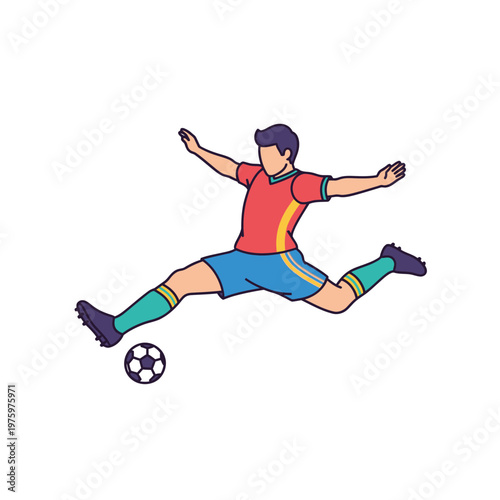 Soccer Player Kicking Ball Mid-Air, Dynamic Action Shot, Sports Illustration