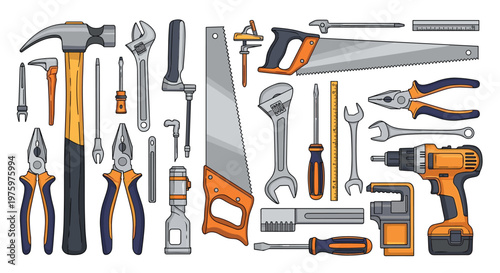 Various construction and repair tools including hammer, saws, wrenches, screwdrivers, pliers, and power drill on white background.