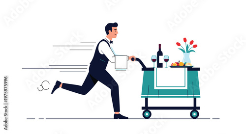 Professional waiter in vest and bow tie running fast while pushing a service cart with wine, food, and colorful flowers.