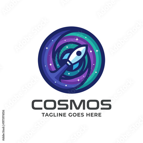 A vibrant logo featuring a rocket surrounded by colorful cosmic swirls, representing adventure, exploration, and creativity in fields like education or entertainment.