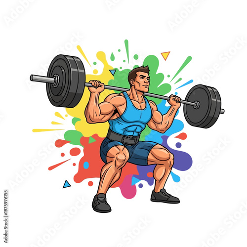 Muscular Man Performing Barbell Squat with Colorful Splashes
