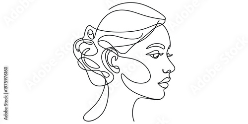 Minimalist continuous line art drawing of a beautiful woman profile with an elegant hair bun style