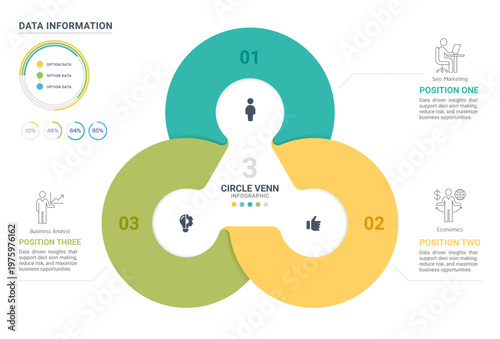 3 Circle Venn Diagram Infographic Template with Data Visualization and Business Icons