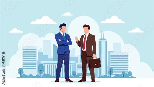Two businessmen in suits engaging in a discussion against a backdrop of a modern city skyline with tall buildings and a blue sky.