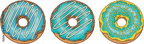 Donut Set with Blue Icing, Drizzle, and Sprinkles for Bakery, Dessert, and Sweet Food Vector Illustration Designs
