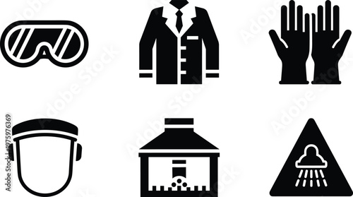 Construction safety equipment silhouette vector icon collection including goggles gloves safety jacket helmet factory building and warning sign arranged in grid layout isolated on white background