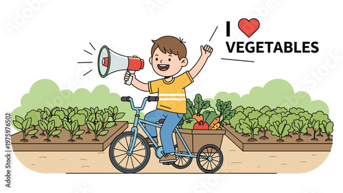 Happy boy on a tricycle with a basket of fresh vegetables, holding a megaphone and declaring I love vegetables, in a garden setting.