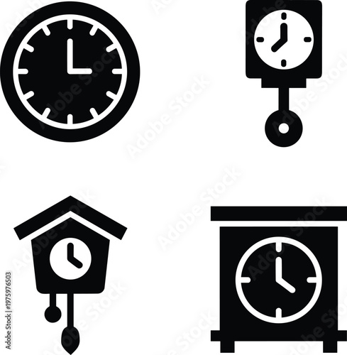 Clock timepiece silhouette vector icon collection featuring wall clock pendulum clock cuckoo clock and desk clock designs arranged in grid layout isolated on white background