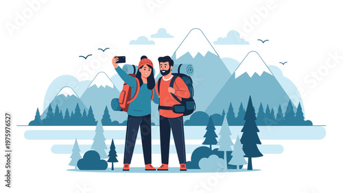 Happy couple with backpacks taking a selfie in a beautiful mountain landscape with trees and clouds, enjoying hiking and outdoor adventure.