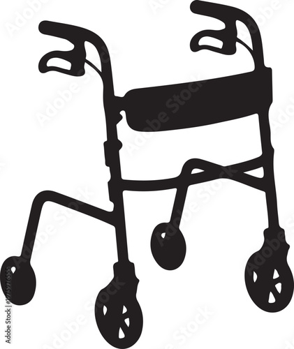 Silhouette of a mobility walker with wheels and a seat