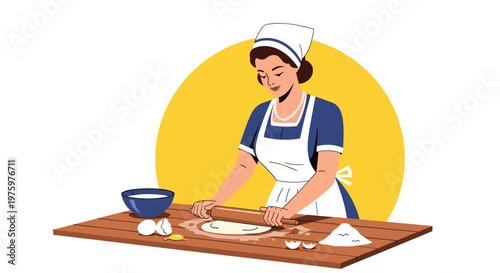 Professional baker woman rolling out fresh dough on a wooden table with ingredients like flour and eggs nearby in a kitchen.