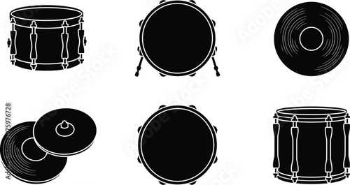 Drum kit percussion instruments silhouette vector icon collection featuring snare drum bass drum cymbals and music rhythm equipment arranged in grid layout isolated on white background