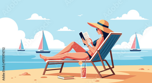 Young woman relaxing on a beach lounge chair reading a book with sailboats and ocean waves in the background under a blue sky.