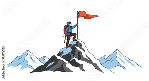Mountaineer reaching the summit of a snowy peak and planting a red flag in a triumphant moment of victory and achievement.