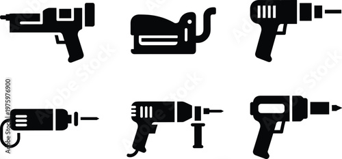 Electric drill and power tool silhouette vector icon set featuring cordless drill impact driver rotary drill and construction tools isolated on white background