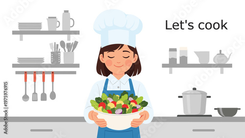 Young woman chef in a white toque and apron holds a large bowl of fresh salad, with Let's cook text, in a stylized kitchen.