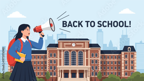 Student with a backpack holds a megaphone and shouts Back to School! in front of a large, traditional school building, symbolizing educational announcements.