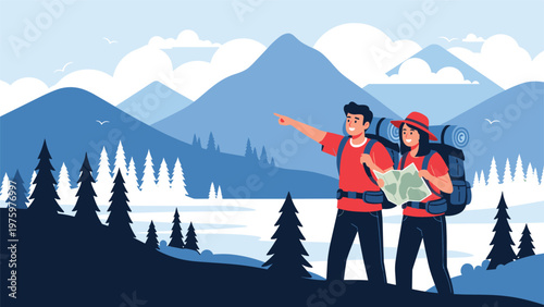 Happy couple with backpacks and a map hiking in a beautiful mountain landscape with pine trees and clouds, enjoying outdoor adventure and exploration.
