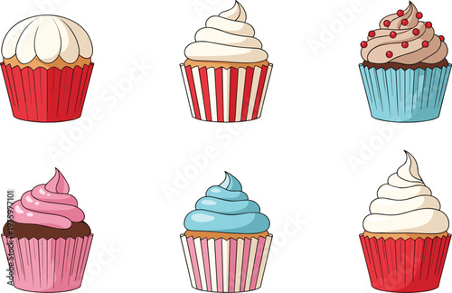 Cupcake Collection with Cream Frosting and Sprinkles for Bakery, Dessert, and Sweet Food Vector Illustration Designs
