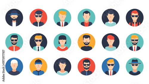 Large collection of diverse male avatars or user icons in flat design style, showcasing different hairstyles, sunglasses, and expressions within circles.