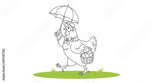 Cartoon hen wearing a bonnet and carrying a basket of eggs while walking under a small parasol on a patch of green grass.