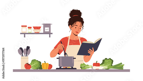Young woman chef stirring food in a pot while reading a recipe book on a kitchen counter filled with fresh vegetables, promoting healthy cooking.