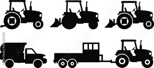Farm vehicle equipment silhouette vector icon collection featuring tractors tanker truck flatbed trailer and agricultural transport machines arranged in grid layout isolated on white background