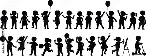 Happy children silhouette collection featuring kids playing with balloons balls scooters and drawing on easel isolated on white background for childhood concept