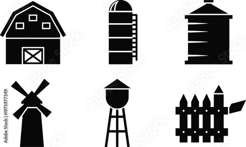 Farm building silhouette vector icon set featuring barn silo water tower windmill grain storage and rural structures isolated on white background