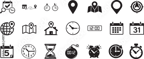 Thin line time and location scheduling icons set clocks maps calendars editable stroke vector pack.