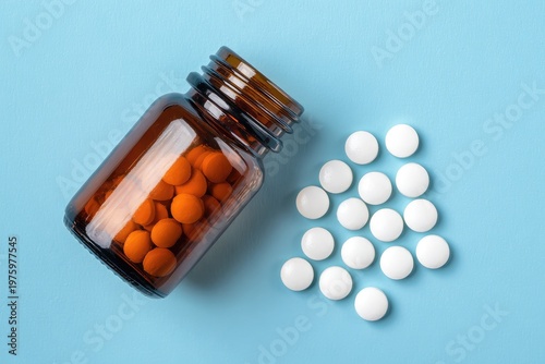 Pills spill from a brown bottle onto a soft blue surface