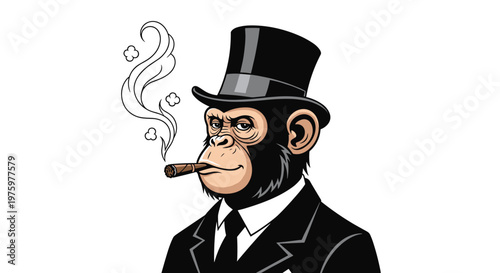 Sophisticated chimpanzee wearing a tuxedo and top hat smoking a cigar with puffs of smoke rising up into the air.