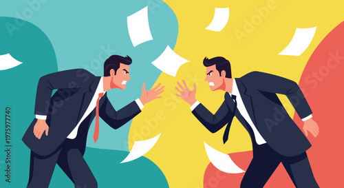 Two businessmen in suits having an angry argument with white papers flying around them against a colorful abstract background.