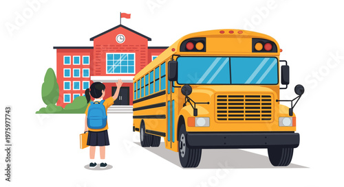 Young schoolgirl with a blue backpack waving at a yellow school bus arriving in front of a red brick school building.