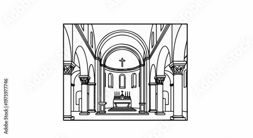 Interior of a grand church with altar, cross, and columns