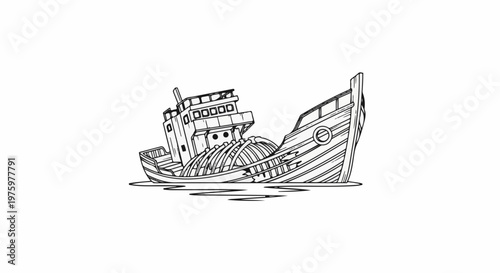 Illustration of a dilapidated wooden ship sinking into the water