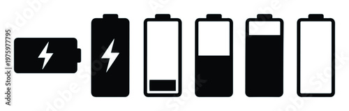 Minimalist battery charge level icons, black vector power status indicators, set of 6 mobile energy symbols for UI design and technology interfaces