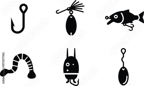 Fishing lures tackle silhouette vector icon collection featuring hooks spinner bait artificial fish worm lure and metal spoon arranged in grid layout isolated on white background