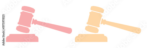 Minimalist judge gavel icons in pink and orange, judicial hammer vector set for legal services, auction mallet silhouettes for law and justice concepts