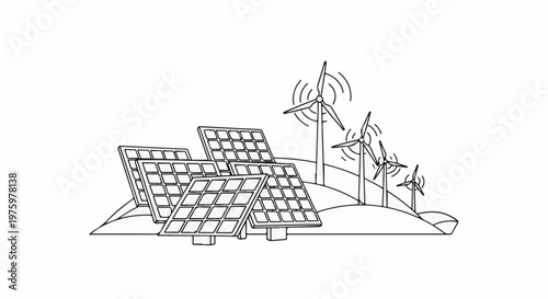 Illustration of wind turbines and solar panels on rolling hills