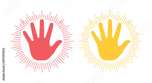 Healing hand icons with sunburst halo, spiritual energy palm symbols in red and yellow, holistic wellness vector graphics for meditation and reiki