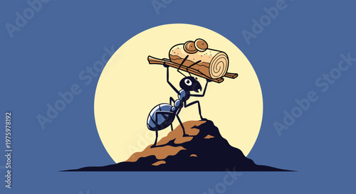 Industrious ant carrying a large piece of food up a rocky hill against the background of a massive glowing yellow sun.