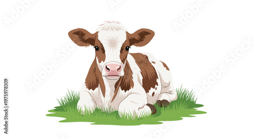 Young brown and white calf resting peacefully on a patch of green grass looking directly at the camera on a white background.
