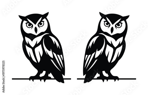 Great horned owl silhouette vector set, black and white owl mascot illustrations, wise nocturnal bird icons for logo design and nature branding