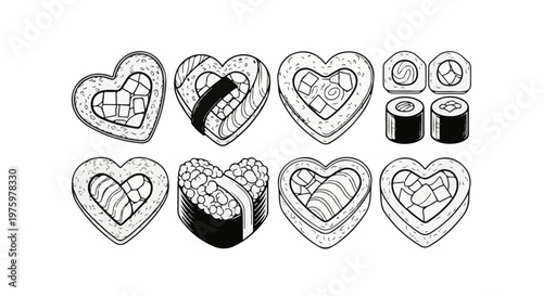 Heart shaped sushi rolls and individual pieces