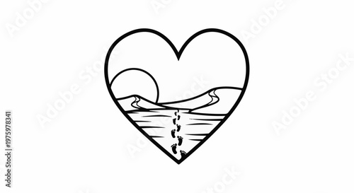 Heart silhouette framing a desert landscape with a sun and footprints